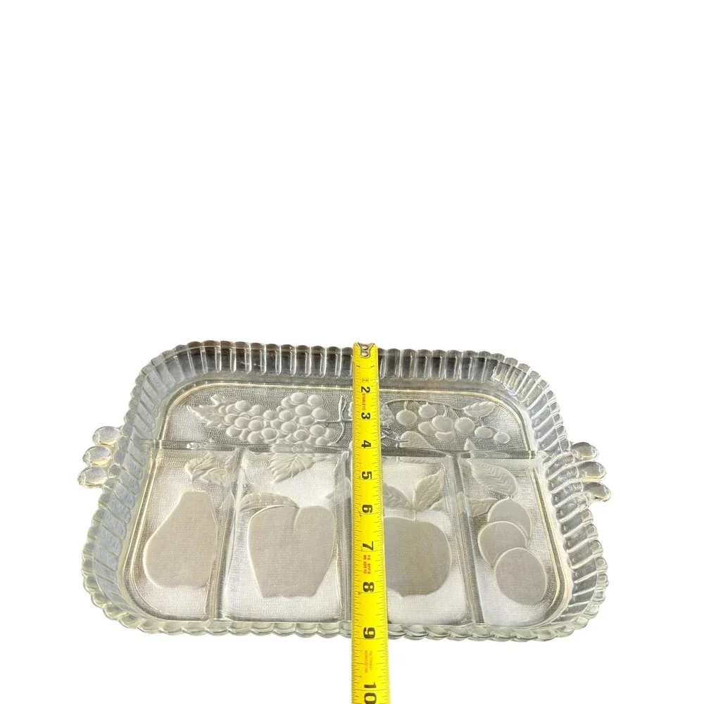 Satin‎ Frost Relish Tray Glass 12x9 Clear Excellent 5 Compartment Fruit Embossed